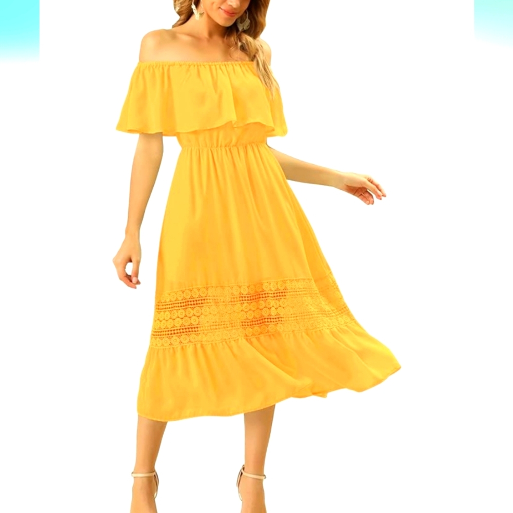 *Allegra K  Off Shoulder Ruffle Sleeve Lace Insert Chiffon Casual Dress.